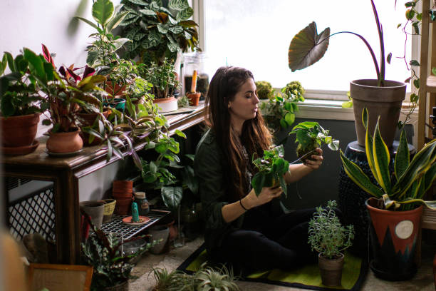 chica rodeada de plantas de interior